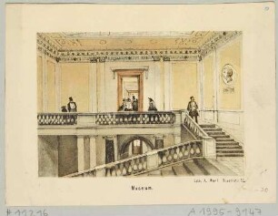 Innenansicht des Bildermuseums am Augustusplatz in Leipzig: Treppenhaus mit Bildnis des Stifters Adolf Heinrich Schletter (1793-1853), Reihe Leipziger Ansichten von Adolph Werl