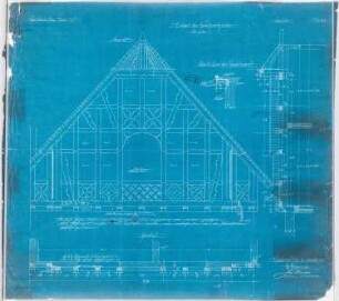 St. Liborius (mit Pfarrhaus), Dortmund-Körne: Pfarrhaus, Ansicht, Schnitt und Grundriss des Vorderfrontgiebels 1:20