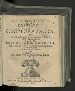 Definitionum Theologicarum Disputatio I. De Scriptura Sacra