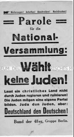 Antisemitisches Flugblatt zu den Wahlen zur Nationalversammlung
