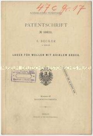Patentschrift eines Lagers für Wellen mit axialem Druck, Patent-Nr. 10611
