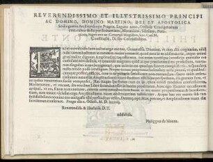 Dedikation an Martin Erzbischof von Prag. Martin Medeck aus Mähren. Erzbischoffsweihe 1581. Prag 10. Oktober 1587
