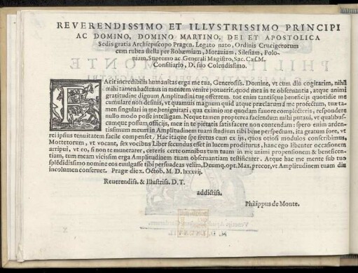 Dedikation an Martin Erzbischof von Prag. Martin Medeck aus Mähren. Erzbischoffsweihe 1581. Prag 10. Oktober 1587