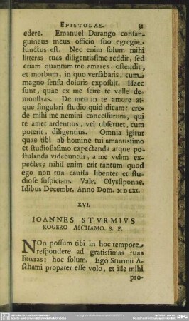 XVI. Ioannes Sturmius Rogero Aschamo. S. P.