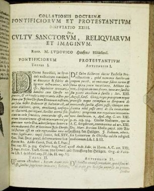 Disputatio XXIII. De Cultu Sanctorum, Reliquiarum Et Imaginum. Resp. M. Ludovico Hansen/ Hildesiensi.