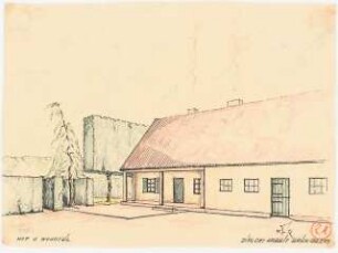 Siedlung, Gresse: Perspektivische Ansicht Bauernhaus
