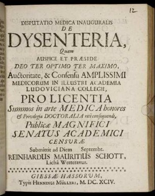Disputatio Medica Inauguralis De Dysenteria