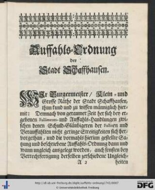 Auffahls-Ordnung der Stadt Schaffhausen.
