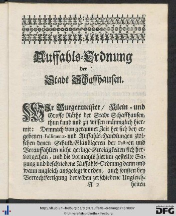 Auffahls-Ordnung der Stadt Schaffhausen.