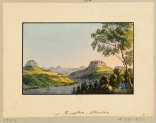 Das Elbtal zwischen dem Lilienstein und dem Königstein, im Hintergrund weitere Tafelberge der Sächsischen Schweiz, aus Richters "70 Mahlerischen An- und Aussichten ..."