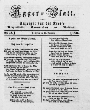 Agger-Blatt, oder Anzeiger für die Kreise Wipperfürth, Gummersbach und Waldbröl