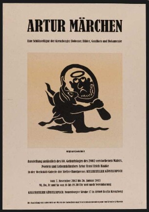 Plakat mit Linolschnitt, Titel: Artur Märchen. Eine Schlüsselfigur der Kreuzberger Boheme: Bilder, Grafiken, Dokumente, 2012