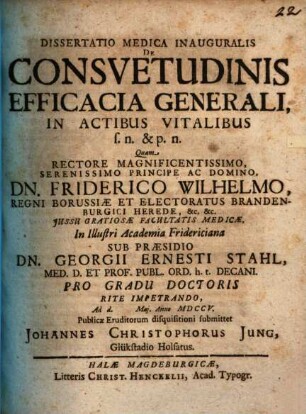 Dissertatio Medica Inauguralis De Consvetudinis Efficacia Generali, In Actibus Vitalibus s.n. & p.n.