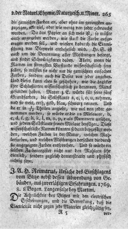 Ursache des Einschlagens vom Blitze nebst dessen Abwendung von Gebäuden.