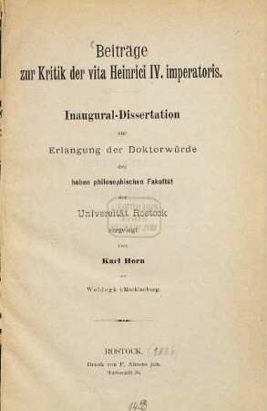 Beiträge zur Kritik der vita Heinrici IV. imperatoris : Inaugural-Dissertation