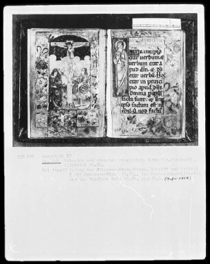 Processionale und Kalendarium — Kreuzigung mit Maria und Johannes mit einem kleineren Krucifixus, Folio 14verso