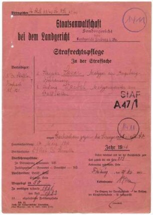 Angeklagte: Jaser, Kaspar (Metzger); Gottmadingen *16.09.1903 in Oberhausen (Bayern); + ? Waibel, Ludwig (Metzgermeister); Gottmadingen *22.11.1908 in Waldstetten; + ? Delikt: Verbrechen gegen die Kriegswirtschaftsverordnung Schwarzschlachtung Tatort: Gottmadingen Tatzeit: März 1940-November 1941