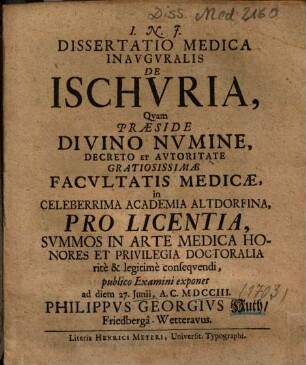 Dissertatio Medica Inavgvralis De Ischvria