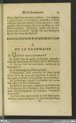 V. De La Grammaire