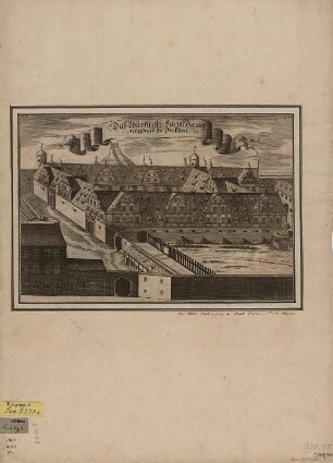 Ansicht des alten Zeughauses in Dresden, Kupferstich, 1680 : Das Churfürstl. Sächß. Haubt Zeughauß zu Dreßden / [Hrsg.: Anton Weck]. - [Nürnberg] : [Hoffmann] ; [Nürnberg] : [Froberger] , [1680]. - 1 Ansicht auf 1 Kunstbl. : Kupferstich ; 32 x 22 cm