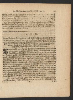 Titulus XI. Von allerhand betrüglichen und Geldsüchtigen Winckel-Aertzten ...