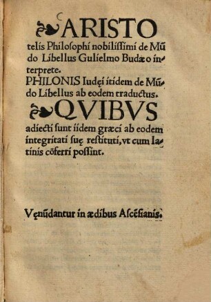 Aristotelis philosophi nobilissimi de Mundo Libellus