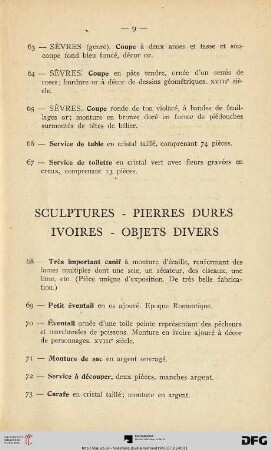 Sculptures-Pierress Dures Ivoires-Objets Divers (Nr. 68-99)