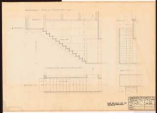 Reichsluftfahrtministerium, Berlin: Verbindungsbau, Fahrradkeller (Treppe): Schnitte, Grundriss 1:20, Detail 1:1