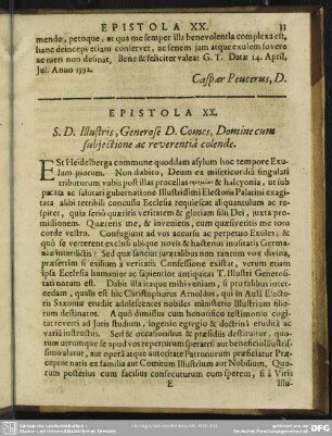 Epistola XX. S. D. Illustris, Generose D. Comes, Domine cum subiectione ac reverentia colende