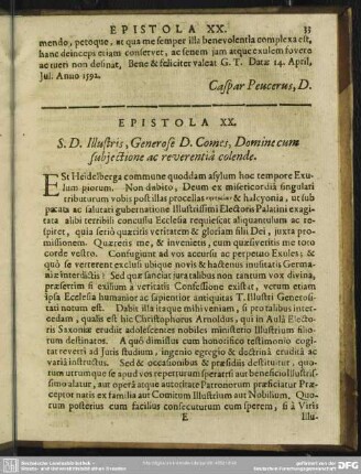 Epistola XX. S. D. Illustris, Generose D. Comes, Domine cum subiectione ac reverentia colende