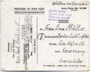 Vordruckpostkarte aus einem britischen Kriegsgefangenenlager - Personenkonvolut