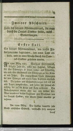 Zweiter Abschnitt. Fälle des hitzigen Rheumatismus, die man durch die Quajak-Tinktur heilte