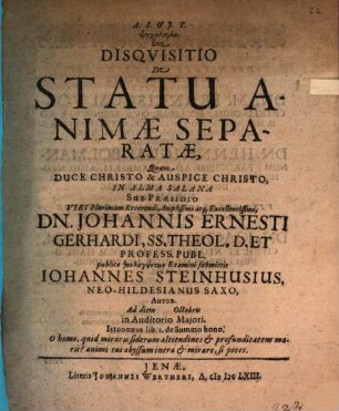 Psychologia, sive Disquisitio De Statu Animae Separatae