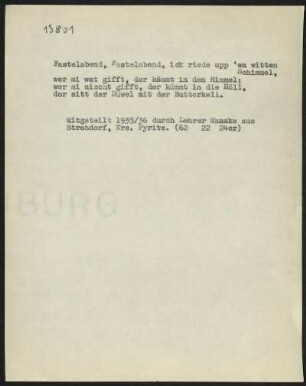 Fastelabend, Fastelabend, ick riede upp ém witten Schimmel,