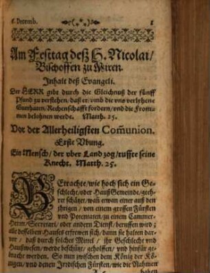 ... Theil Der Vbung- vnd Betrachtungen, Vor- vnd nach der Allerheiligsten Communion, 4[,1]. Welcher in sich begreifft die Kirchen-Fest