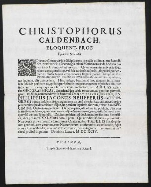 Christophorus Caldenbach, Eloquent. Prof. Ejusdem Studiosis