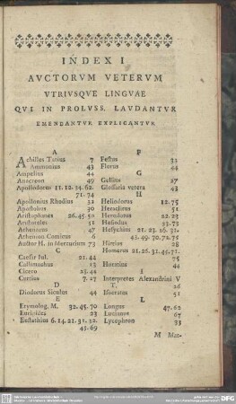 Index I Auctorum Veterum Utriusque Linguae Qui in Proluss. Laudantur Emendantur Explicantur