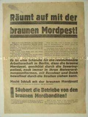 Propagandaflugblatt für die KPD mit Aufruf zum Beitritt einer "Massensselbstschutzformation" gegen nazis