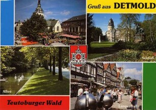 Postkarte: Gruß aus Detmold, Teutoburger Wald. Markt, Allee, Langestraße, Schloß