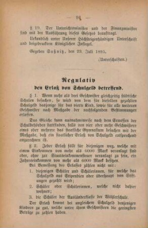 Regulativ den Erlaß von Schulgeld betreffend.