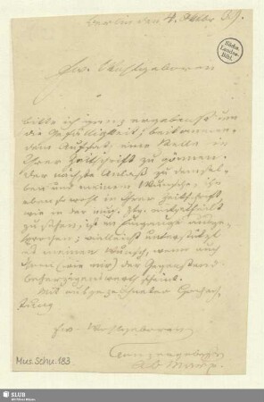 183: Brief von Adolf Bernhard Marx an Robert Schumann - Mus.Schu.183