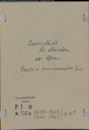 KIrchenbuchduplikat der evangelischen Gemeinde Ovenstädt, Kreis Minden (GHT 1815-1818, 1820-1825) (Gemeinde: Evangelische Gemeinde Ovenstädt)