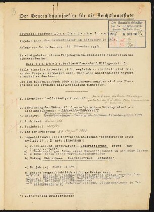 Landestheater, Altenburg: Fragebogen für das Handbuch »Das Deutsche Theater«, erste Fassung, vierseitiges Dokument