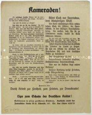 Aufruf der Liga zum Schutze der deutschen Kultur an die Kriegsheimkehrer zur Unterstützung des Friedens innerhalb Deutschlands