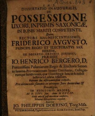 Dissertatio inauguralis de possessione uxori, inprimis Saxonicae, in bonis mariti competente