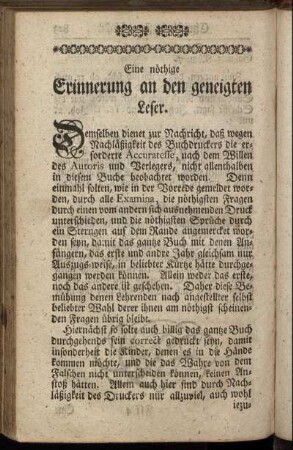 Eine nöthige Erinnerung an den geneigten Leser