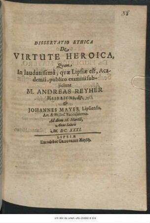 Dissertatio Ethica De Virtute Heroica