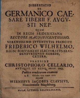 Dissertatio De Germanico Caesare Tiberii F. Avgvsti Nep.