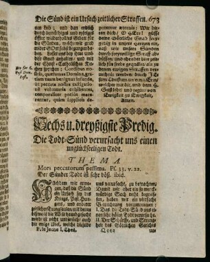 673-695, Sechs u. dreyßigste Predig. Die Todt-Sünd verursacht uns einen unglückseeligen Todt