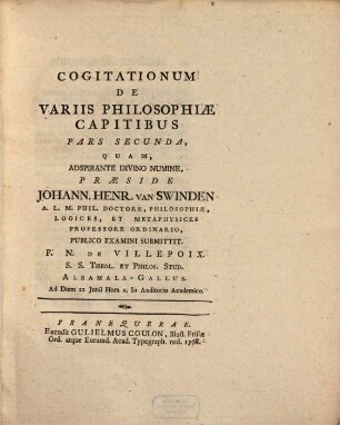 Cogitationum de variis philosophiae capitibus pars secunda